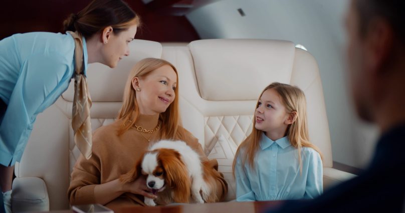 Dog and family on private jet