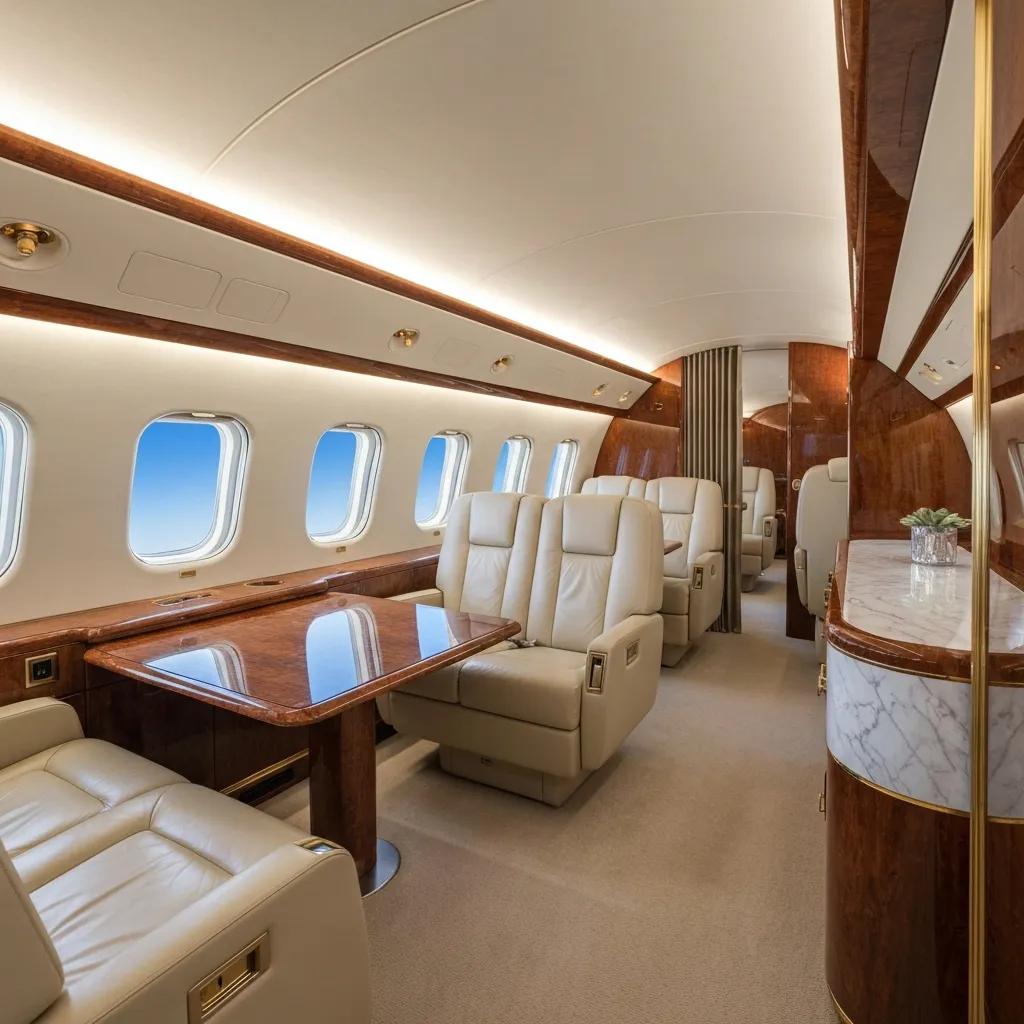 Elegant private jet interior showing comfort and privacy