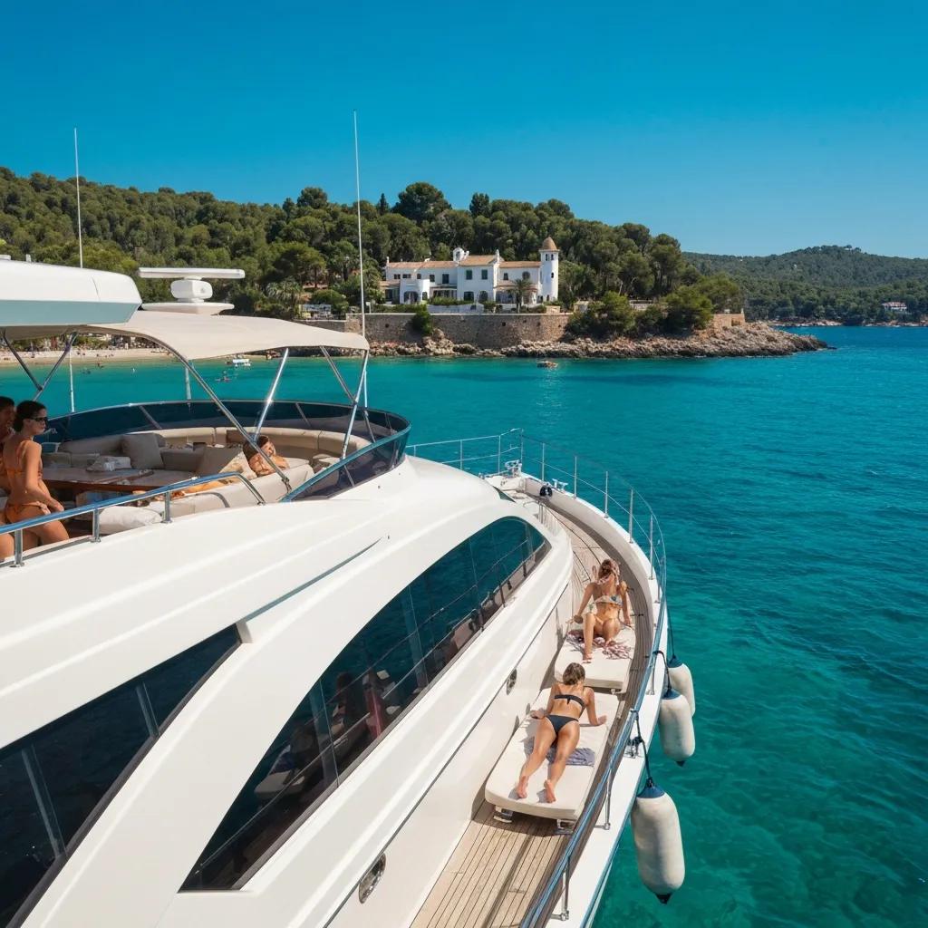 Private yacht off Palma with a luxury villa onshore