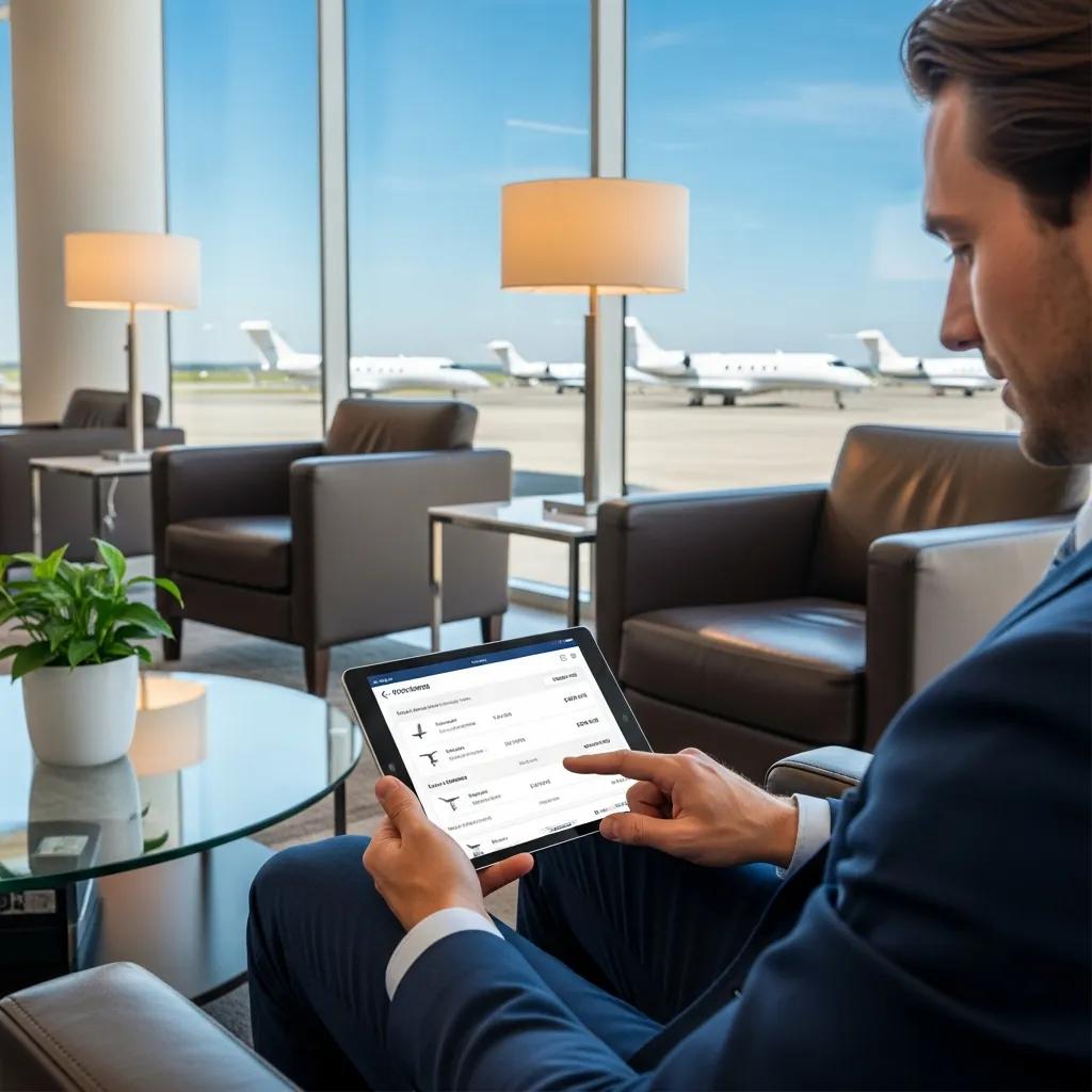 Charter-a ltd passenger arranging a private jet charter from an executive lounge