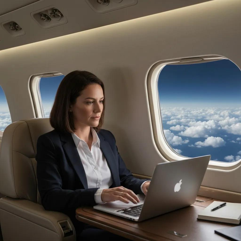 Business professional working on a laptop in a private jet, illustrating productivity during air travel