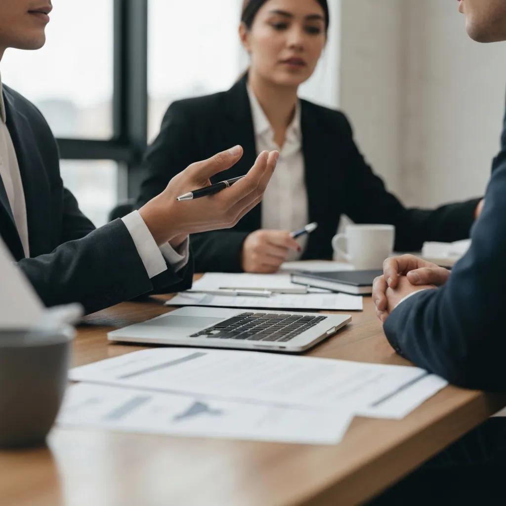 Business professionals in a meeting discussing documents, highlighting the importance of verifying jet charter providers