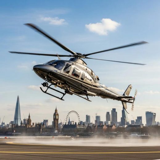 Helicopter taking off from Battersea Heliport with London skyline in the background
