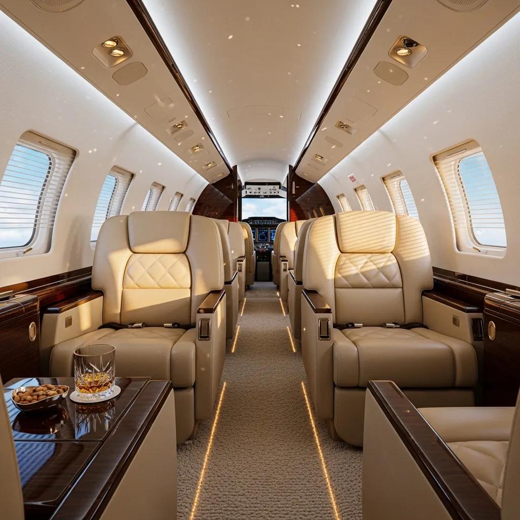 Luxury private jet cabin interior, illustrating onboard comfort and amenity options