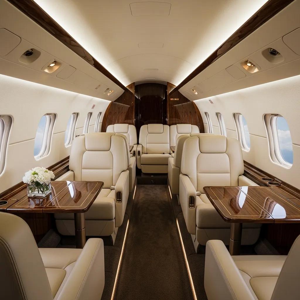 Charter-a ltd interior view of a luxurious super midsize jet cabin, showcasing spacious seating and high-end finishes