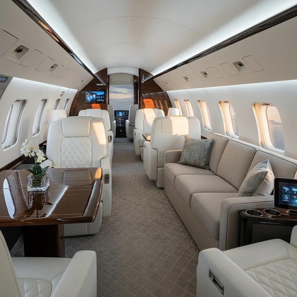 Charter-a ltd interior of a private jet showing custom finishes and cabin comfort