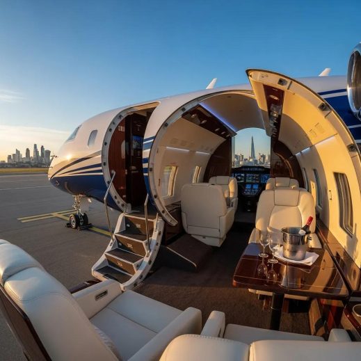 Luxurious private jet at London airport, representing exclusive travel options