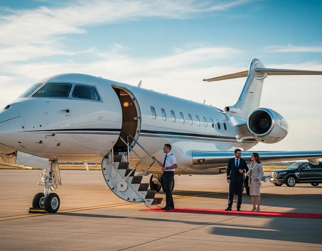 Luxurious private jet on a runway, representing exclusive charter services