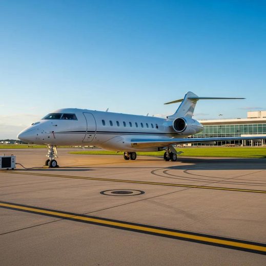 Luxurious private jet on tarmac representing private air charter services