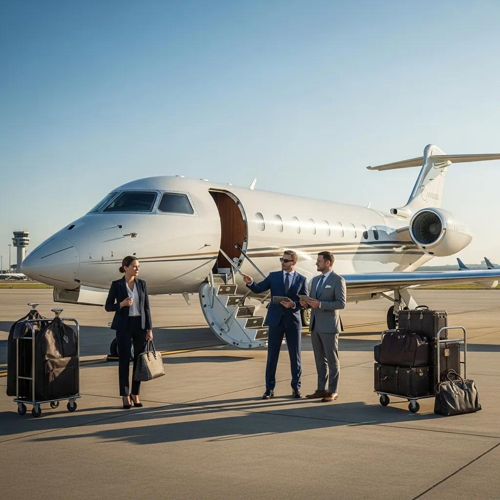 Charter-a ltd luxurious private jet on tarmac with business professionals discussing travel plans