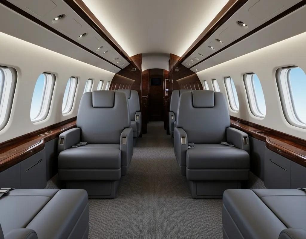 Luxurious VIP jet interior with spacious seating and elegant decor, highlighting the comfort of private air travel