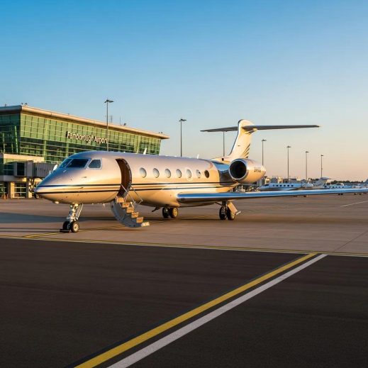 Luxury private jet at Farnborough Airport, representing exclusive travel options