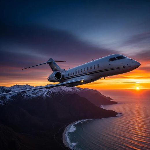 Luxury private jet soaring over a picturesque landscape at sunset