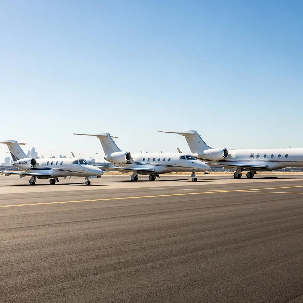Comparison of midsize, light, and super midsize jets on a runway