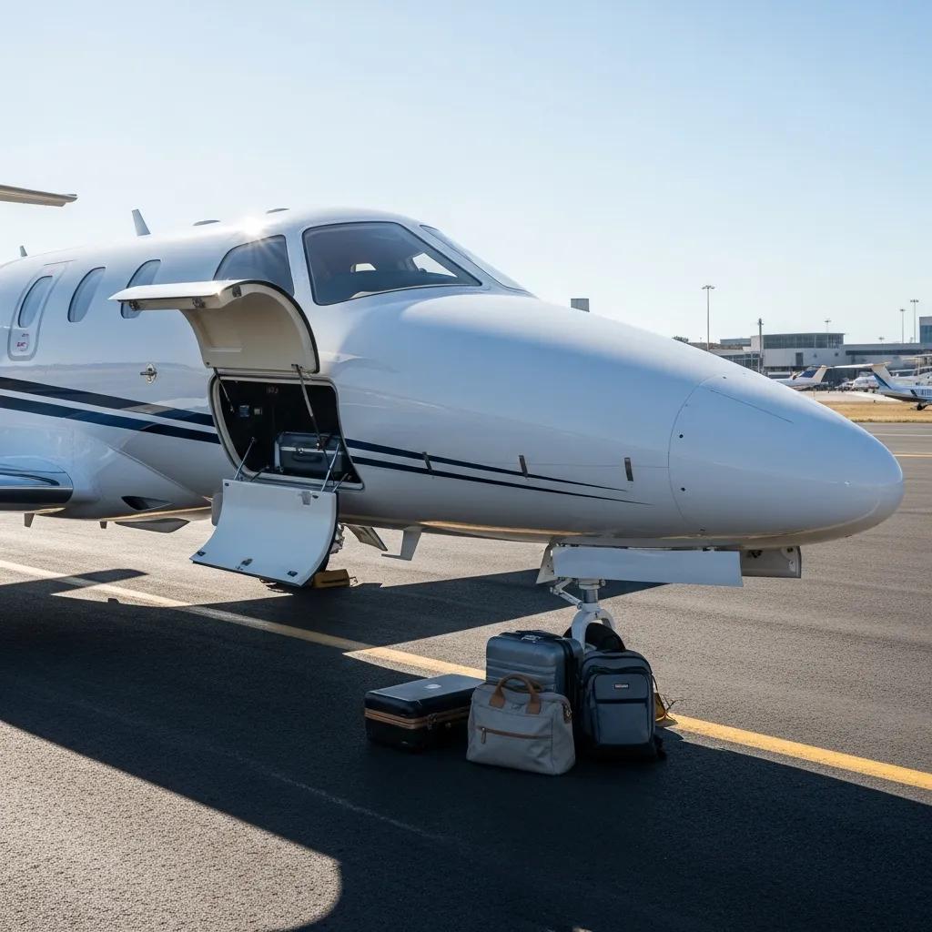 Charter-a ltd light private jet parked, illustrating compact luggage capacity