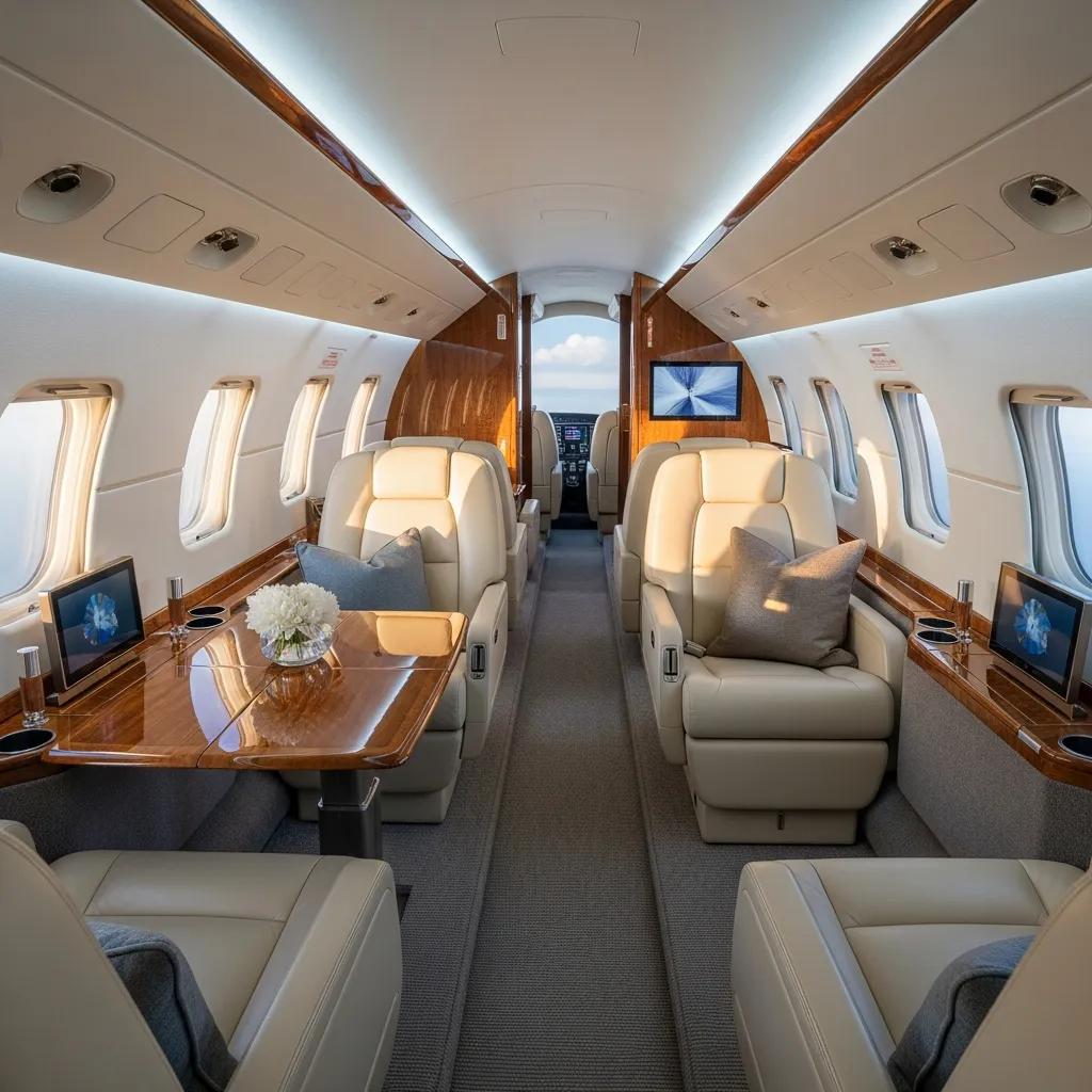 Luxurious interior of a midsize jet cabin highlighting comfort and amenities