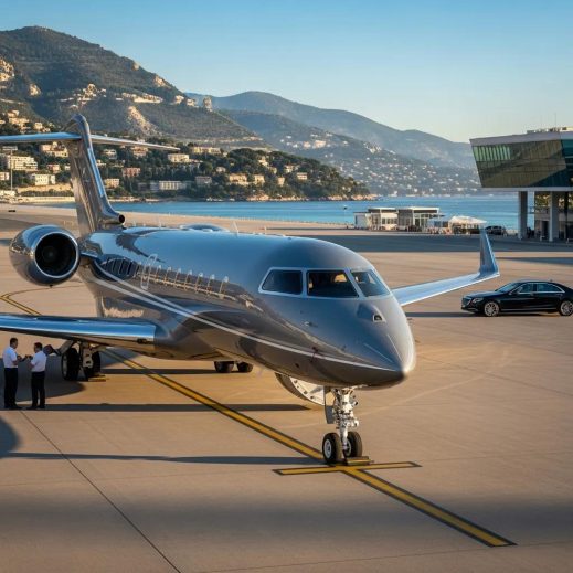 Luxurious private jet at an airport, symbolizing exclusive travel experiences