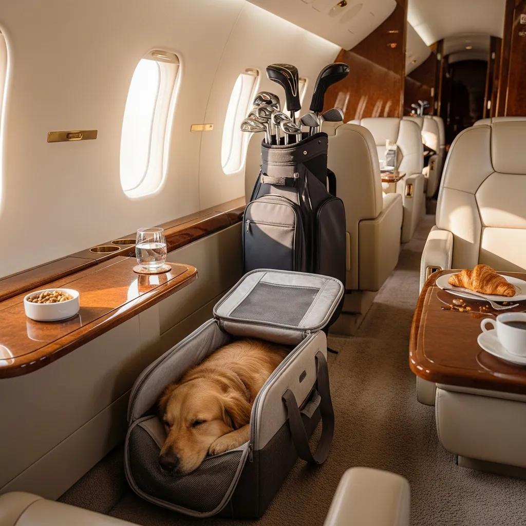 Charter-a ltd private jet cabin with pet carrier and sports equipment to illustrate special-item transport