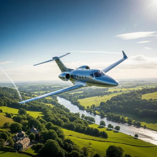 Air taxi flying over the UK landscape, representing modern regional private flight services