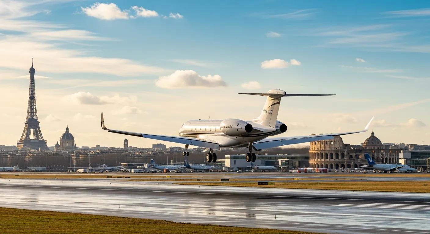 edc25380-b775-4d57-9906-99b0b35c5ff1webp ► Charter-A Ltd Charter-a ltd private jet arriving at a european airport with iconic landmarks