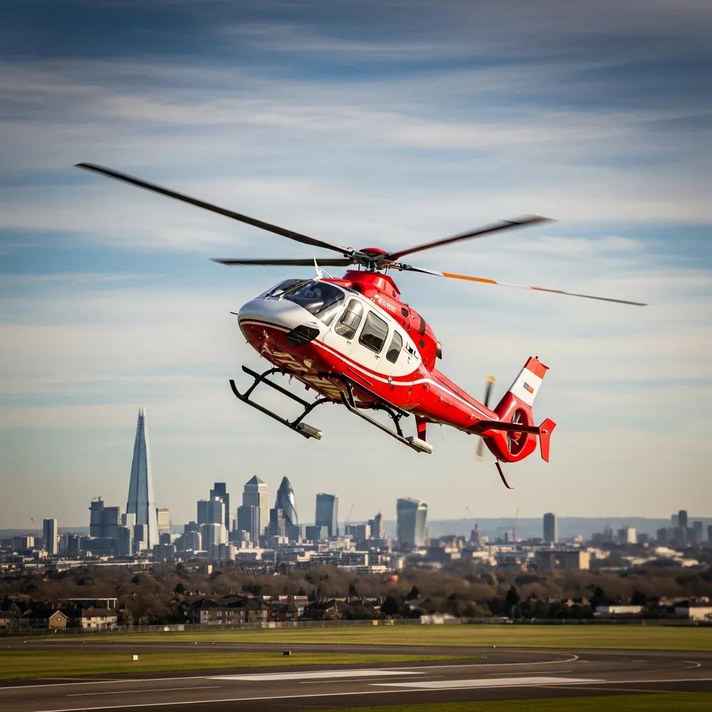 Helicopter taking off from Biggin Hill Airport towards London, illustrating urban mobility