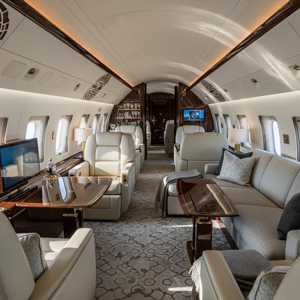 Interior of an ultra long range private jet showcasing luxury amenities
