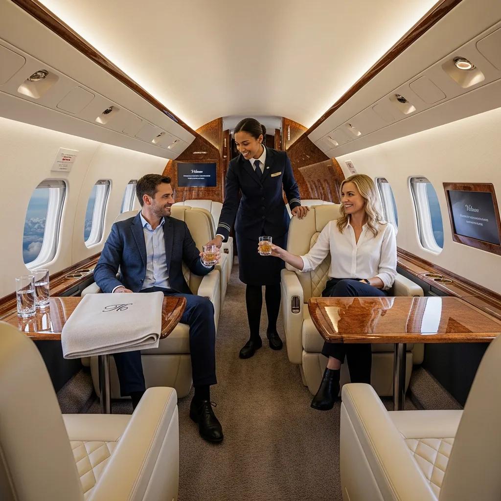 Luxurious private jet interior showcasing comfort and personalized service