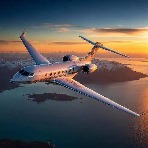 Charter-a ltd luxury private jet soaring over a picturesque sunset landscape