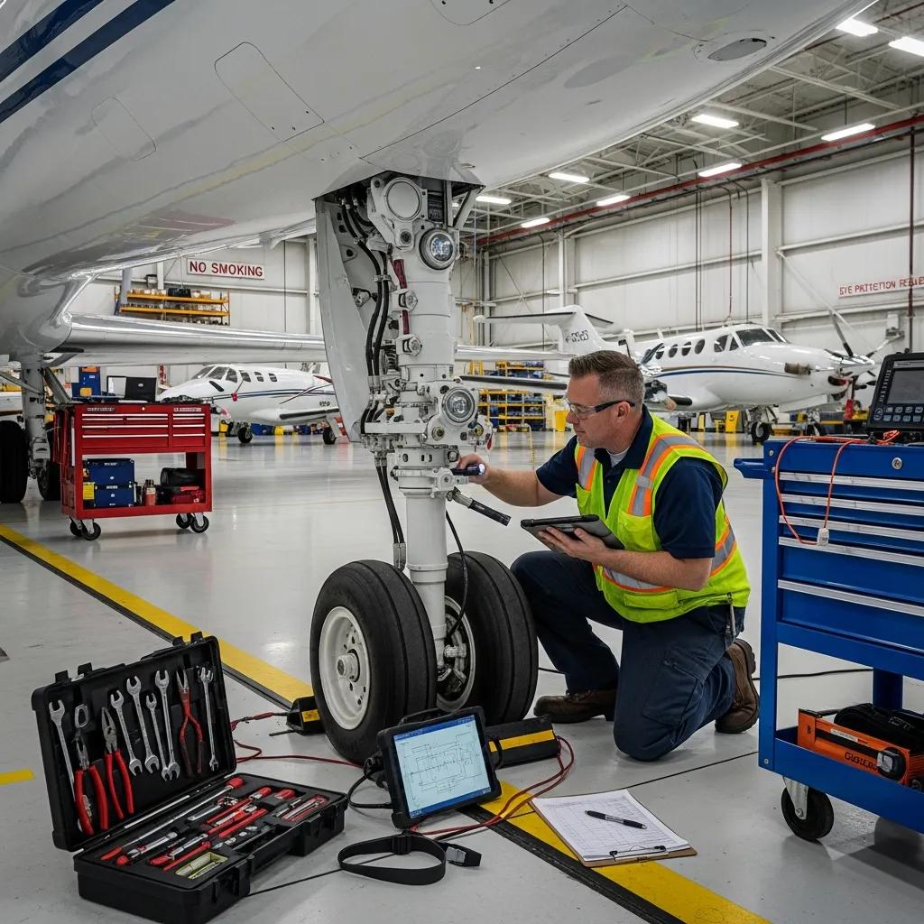 Maintenance engineer inspecting a private jet in a hangar — compliance and airworthiness