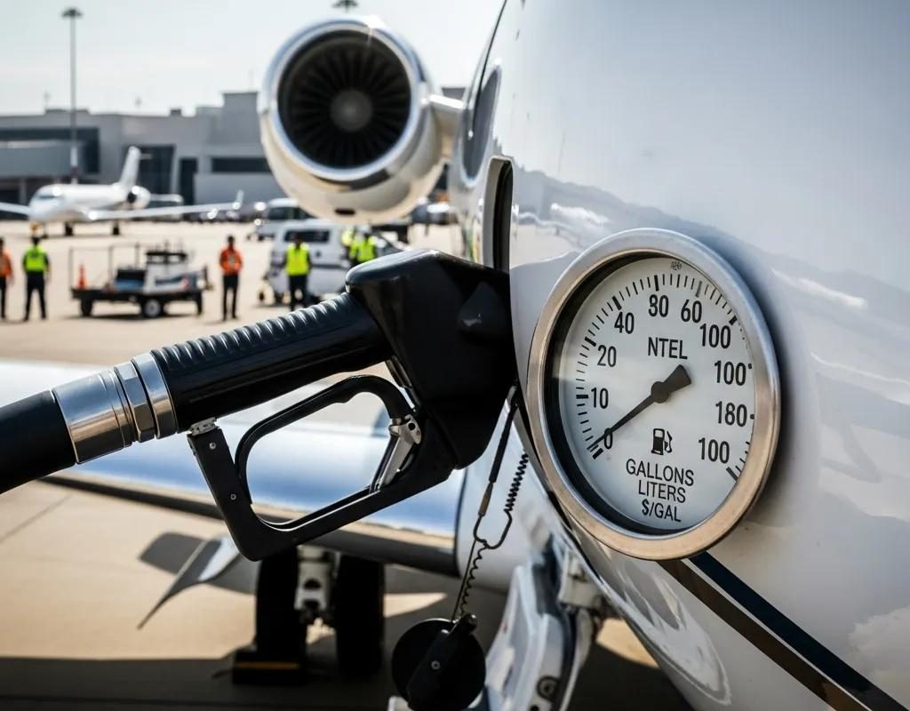 Aviation fuel being pumped into a private jet, highlighting fuel costs in charter pricing