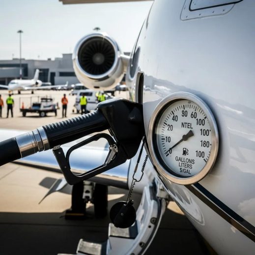Aviation fuel being pumped into a private jet, highlighting fuel costs in charter pricing