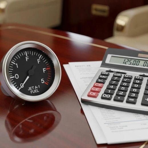 Fuel gauge and calculator close-up to illustrate charter cost components