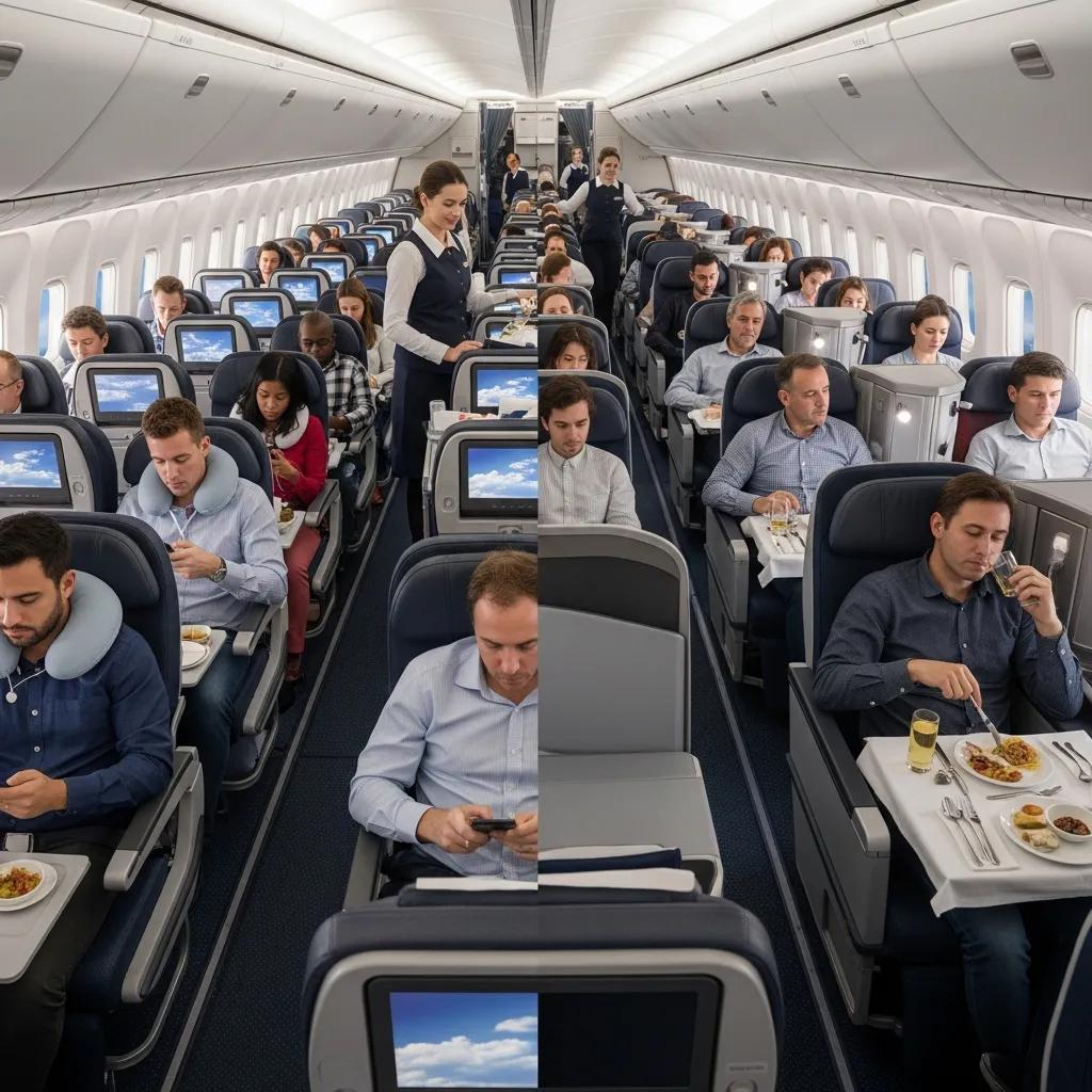 Commercial airliner cabin showing seating and on‑board service differences