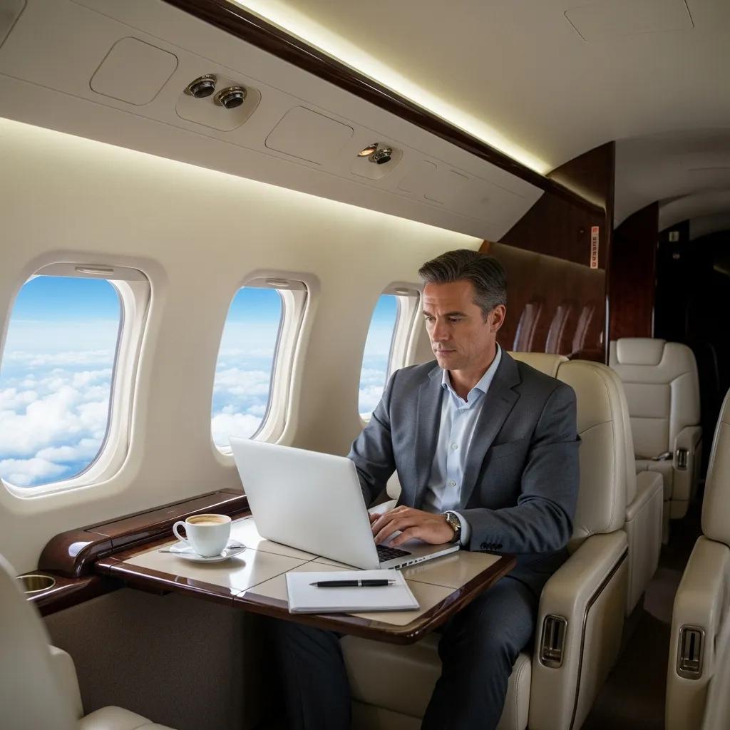 Executive working on a laptop inside a luxury private jet, illustrating business travel efficiency