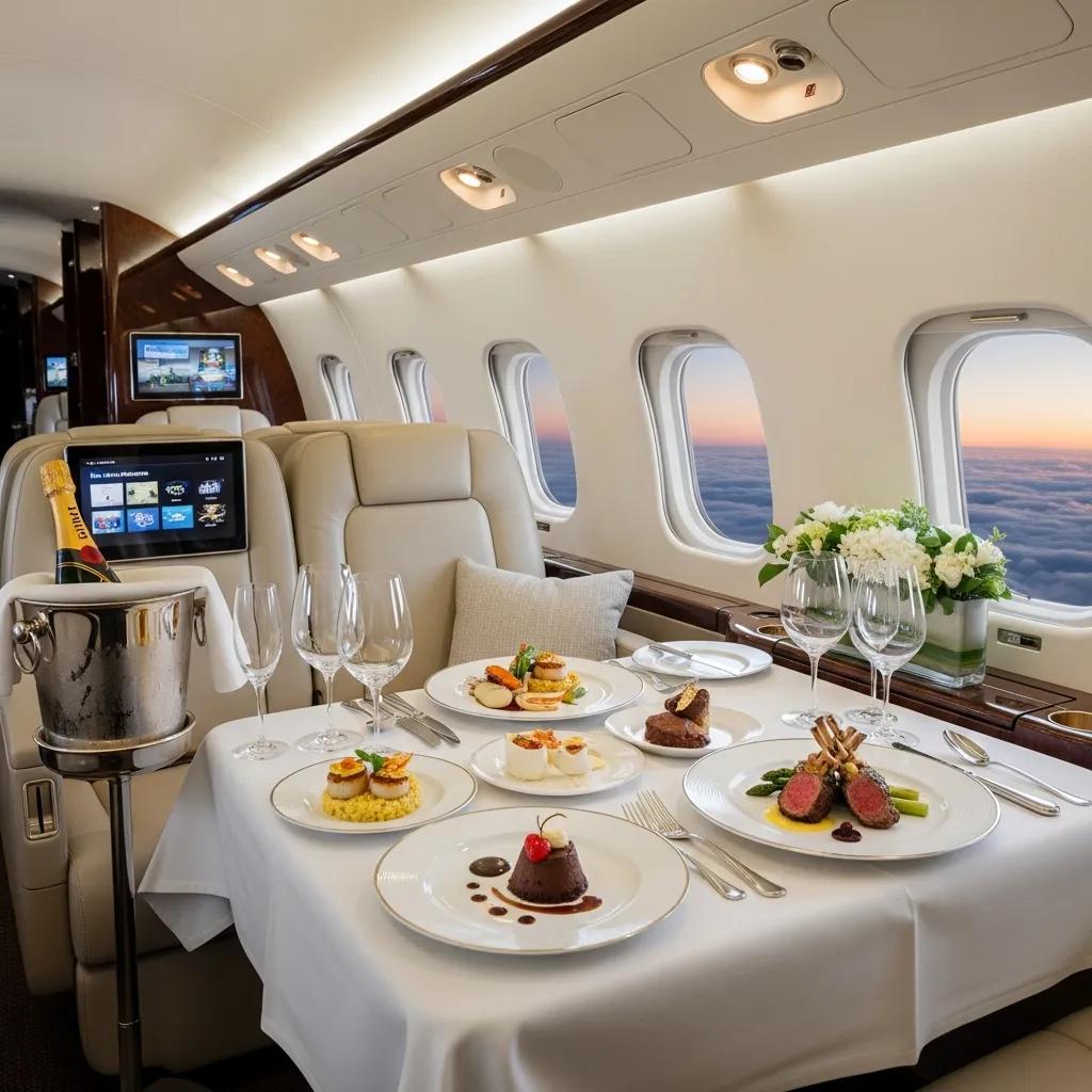 Gourmet dining setup inside a luxury private jet, showcasing high-end amenities for passengers