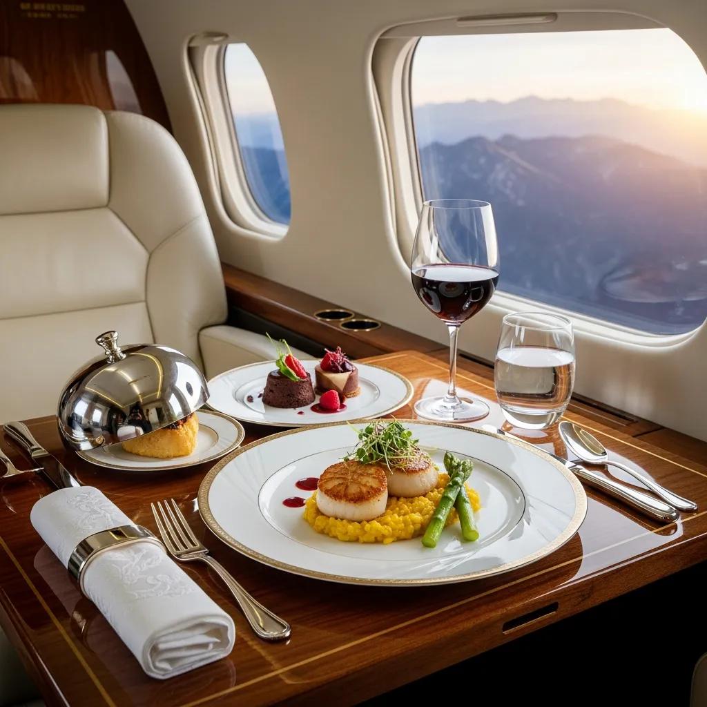 Charter-a ltd gourmet meal served on a private jet highlighting luxury amenities