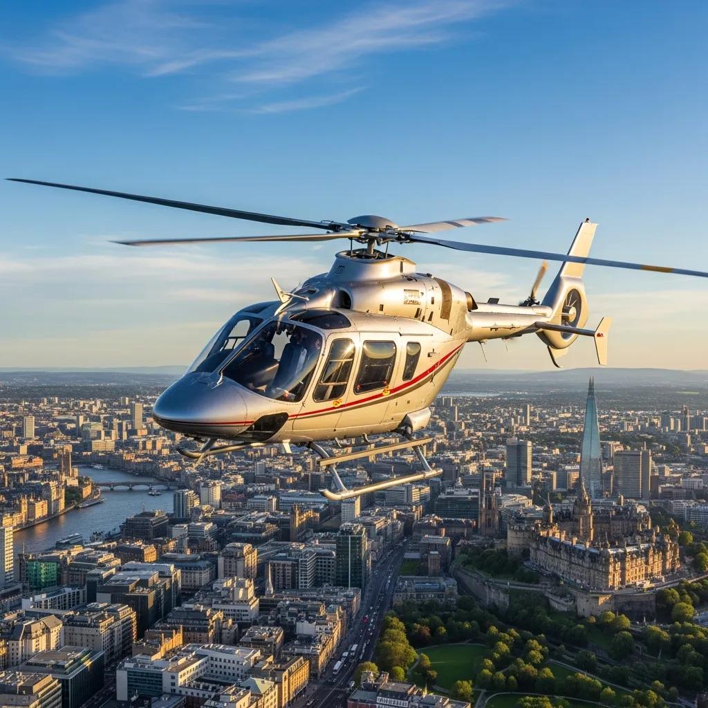 Charter-a ltd helicopter flying over a uk city, illustrating the efficiency of helicopter charter routes
