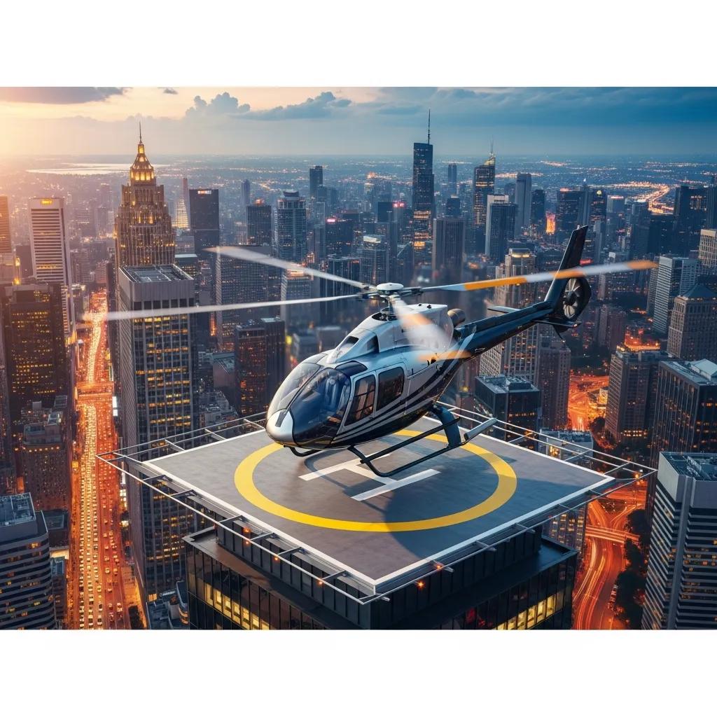 Helicopter touching down on a rooftop helipad to illustrate fast urban transfers