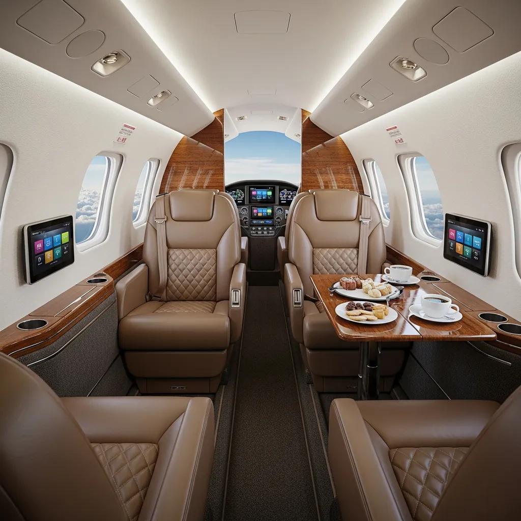Charter-a ltd interior of a light jet illustrating comfort and amenities for short trips