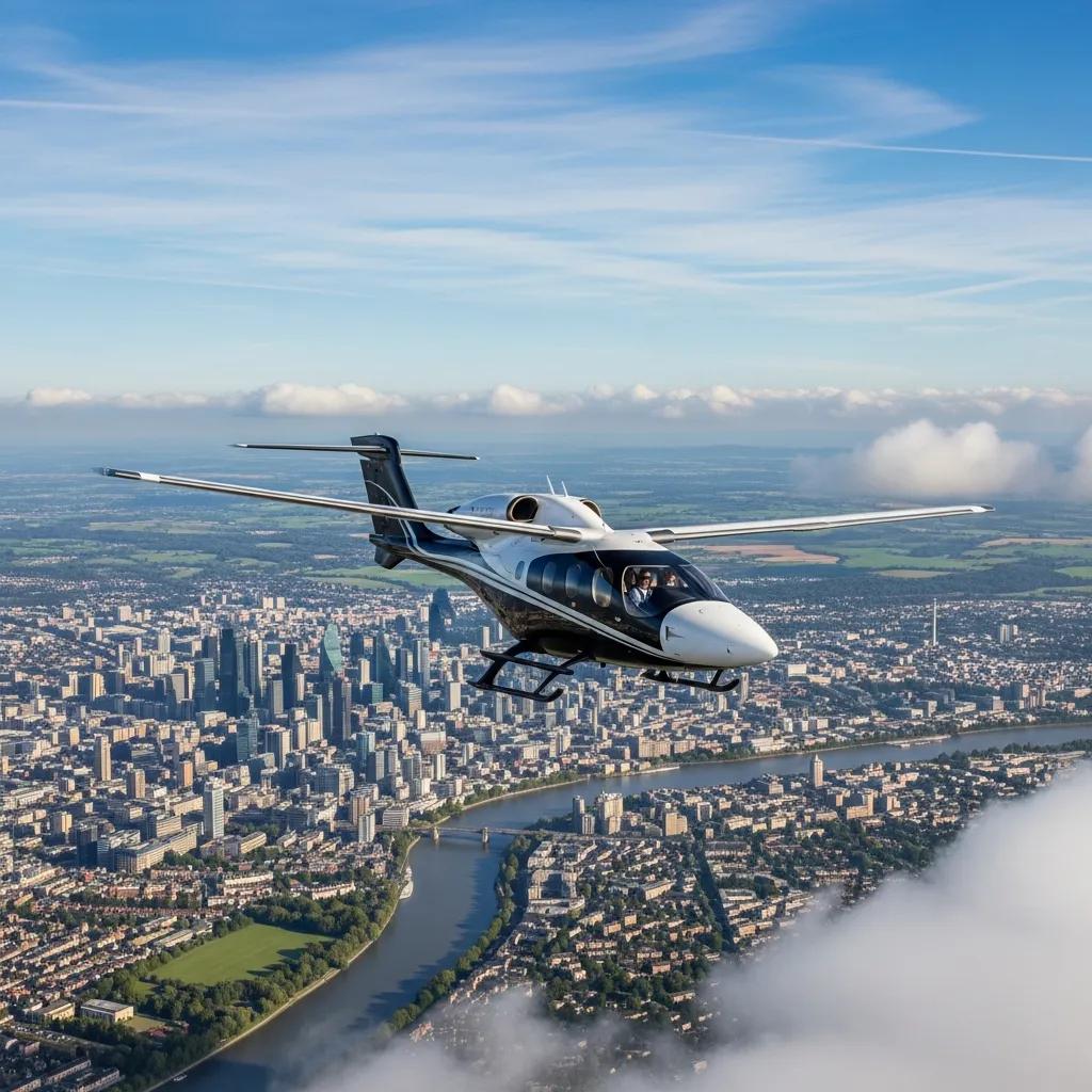 Charter-a ltd luxurious air taxi flying over a scenic uk landscape, representing modern air travel