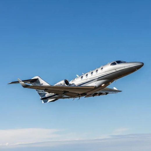 Luxurious light jet in flight, representing affordable private flights and travel convenience