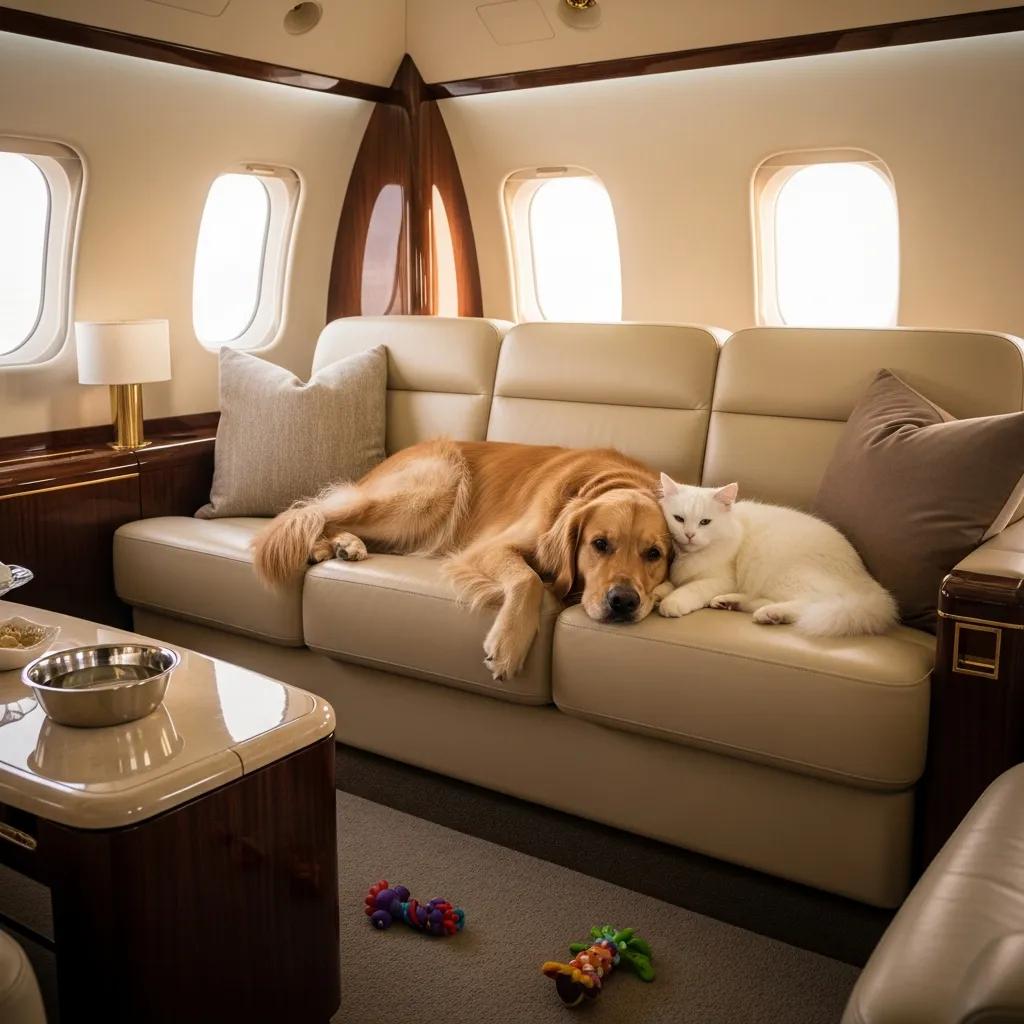 Charter-a ltd luxurious private jet interior with a dog and cat relaxing, highlighting pet-friendly travel