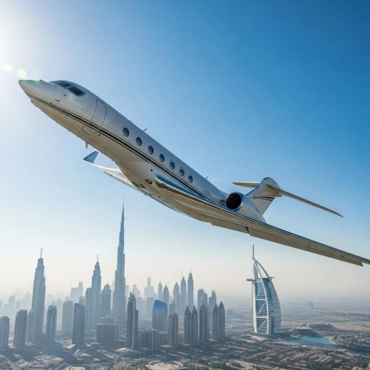 Luxury private jet flying from Dubai to London against a clear sky