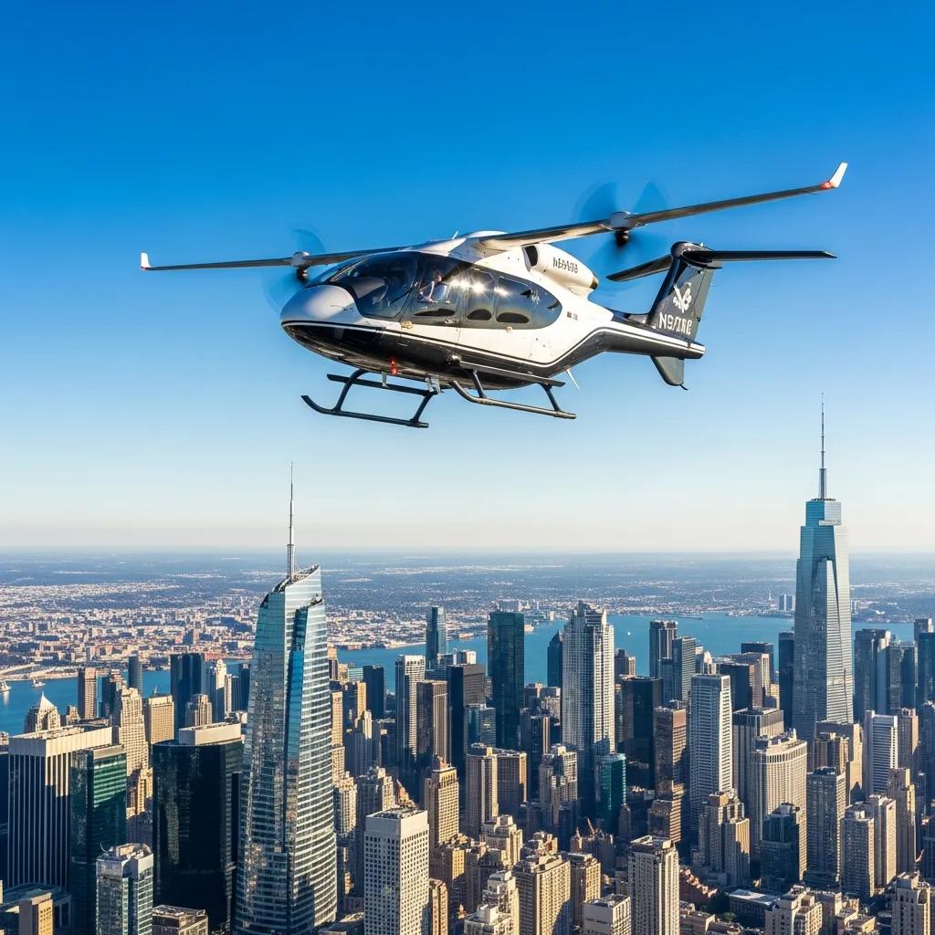 Charter-a ltd modern air taxi flying over a city skyline, representing instant air taxi booking and urban air mobility
