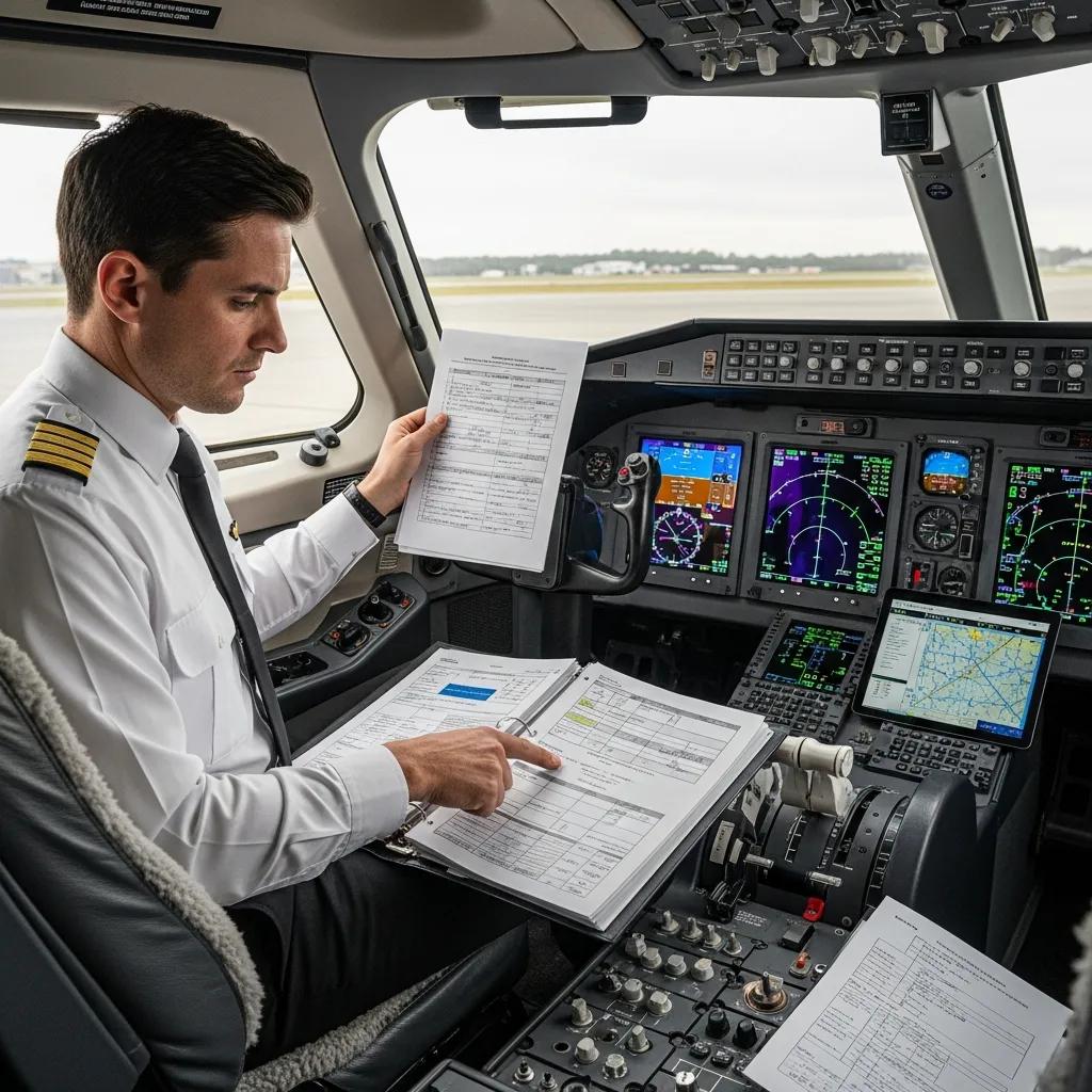Pilot checking safety credentials and certificates in the cockpit