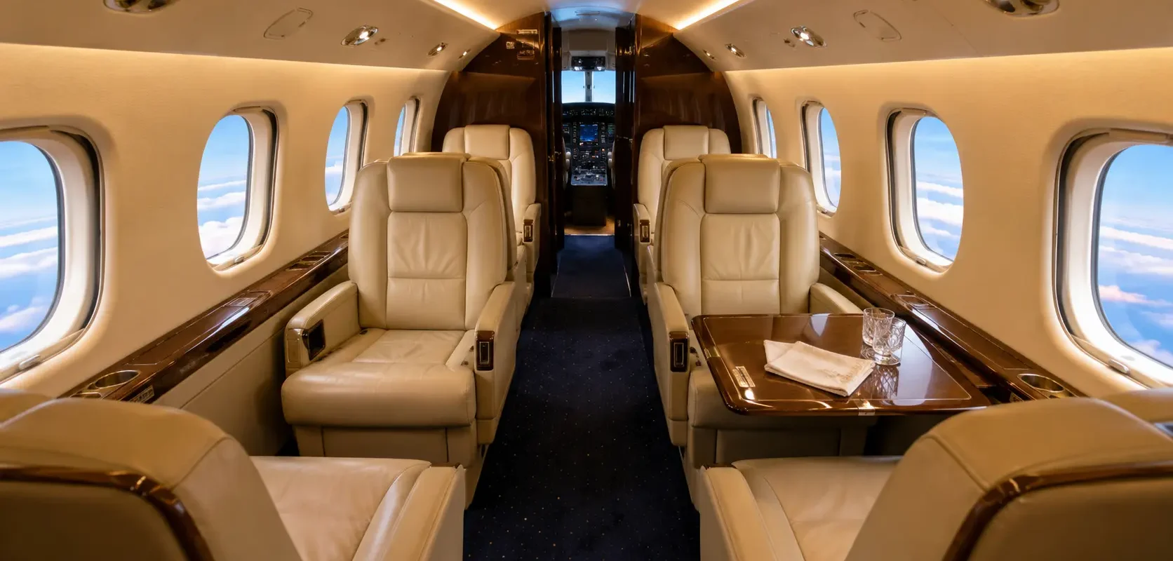 private-jet-charter-cabin-interior-london ► Charter-A Ltd Charter-a ltd luxury private jet cabin interior — cream leather seats and walnut trim on a charter-a private jet charter from london